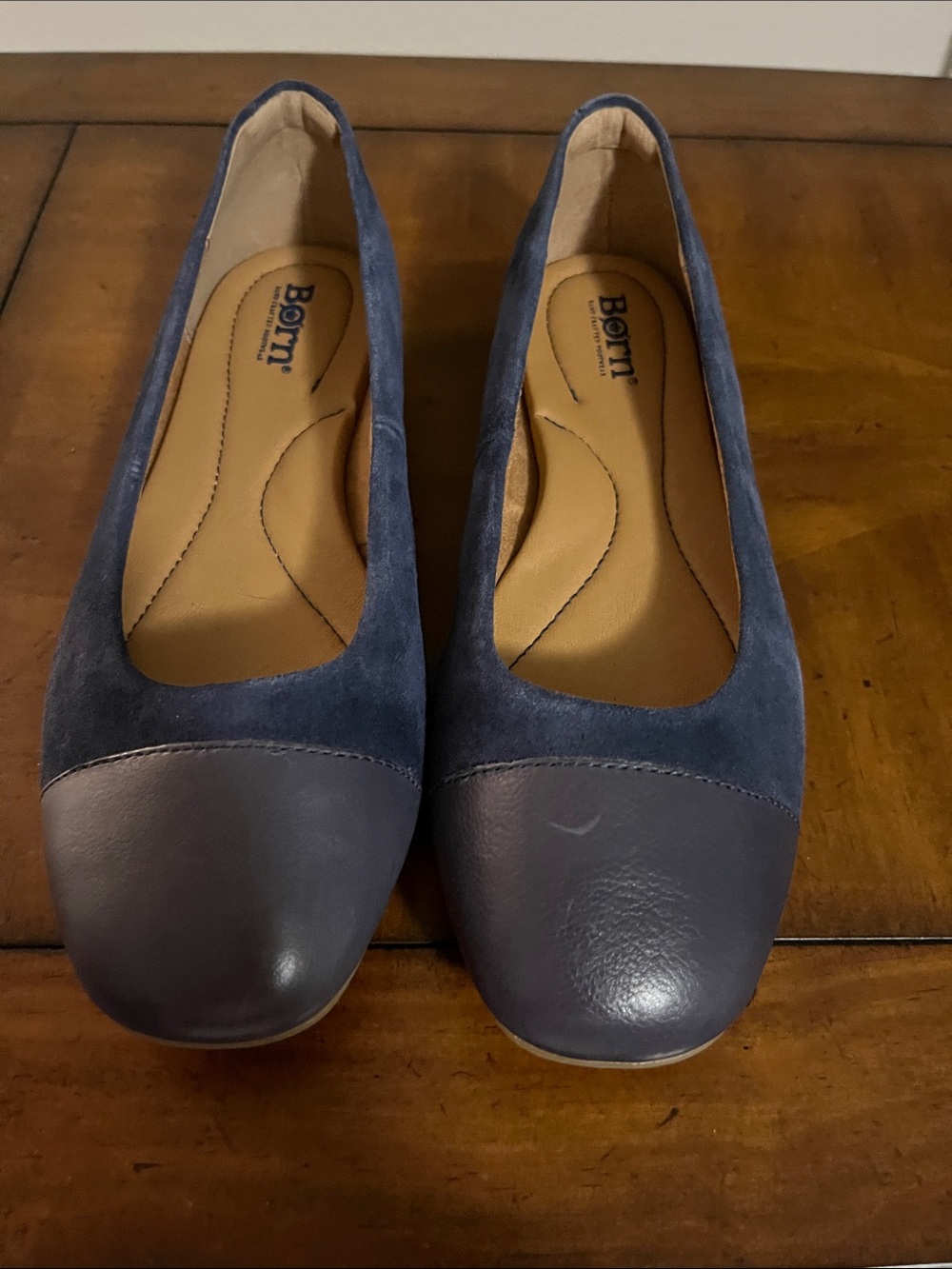 Born Navy Two-Tone Suede and Leather Cap-Toe Flats